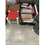 AN ASSORTMENT OF ITEMS TO INCLUDE BOOKS AND TWO WOVEN TOPPED STOOLS