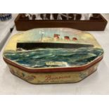 A VINTAGE 'BENSONS' CONFECTIONARY TIN WITH AN IMAGE OF 'THE QUEEN MARY' SHIP TO THE LID