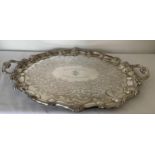 A LARGE VICTORIAN 1900 HALLMARKED SHEFFIELD SILVER TWIN HANDLED SERVING TRAY, MAKER MARTIN, HALL &