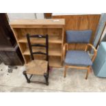 A PINE THREE TIER OPEN BOOKCASE, LOW BARLEYTWIST CHAIR AND RETRO ELBOW CHAIR
