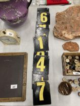 TEN VINTAGE METAL NUMBERS/SCORE PLATES