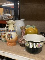 A QUANTITY OF CERAMIC PLANTERS, JUGS AND VASES TO INCLUDE A VICTORIAN TWIN HANDLED FRUIT DESIGN VASE