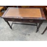 A LATE VICTORIAN SIDE-TABLE WITH TWO DRAWERS, ON TURNED LEGS, WITH INSET LEATHER TOP, 42" WIDE