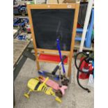 TWO SCOOTERS, A PUSH ALONG TRIKE AND A BLACK BOARD