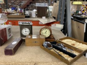 A MIXED LOT TO INCLUDE TWO CLOCKS, WOODEN MONEY BOX ETC