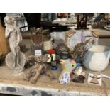 A MIXED LOT TO INCLUDE ANIMAL FIGURES, A VINTAGE TRAVEL CLOCK, MARBLE CANDLE HOLDER, ETC.,