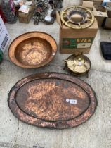 A COPPER TRAY, A COPPER BOWL AND A SVEA BRASS STOVE