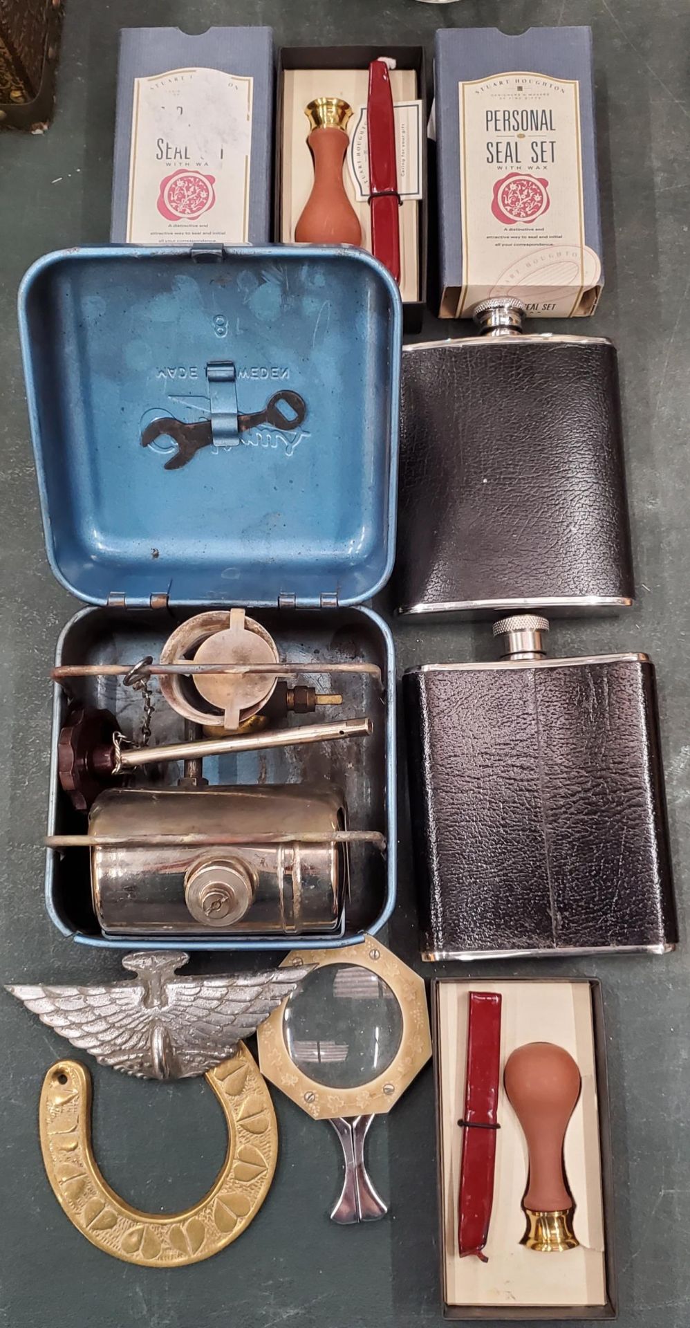 A MIXED LOT TO INCLUDE SEAL SETS WITH WAX, AN OPTIMUS STOVE IN ORIGINAL TIN, HIP FLASKS, ETC