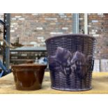 TWO ITEMS - A PURPLE BASKET DESIGN LARGE POT AND A TREACLE GLAZE LIDDED POT