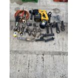 AN ASSORTMENT OF ITEMS TO INCLUDE A DEWALT BATTERY DRILL, DRILL CHUCKS AND JUMP LEADS ETC