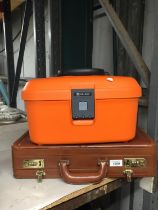 A VINTAGE COMBINATION LOCK BRIEF CASE PLUS A DELSEY ORANGE COMBINATION LOCK HOBBY BOX