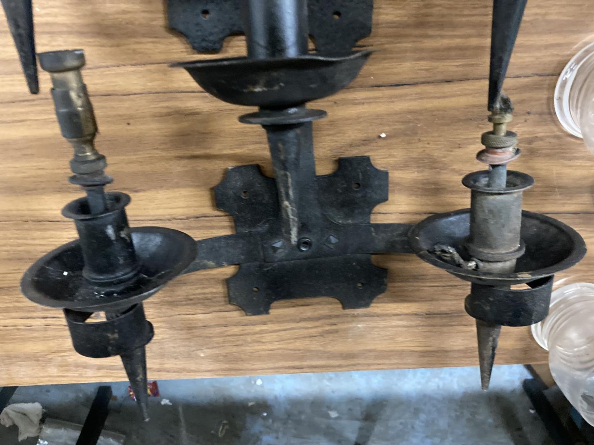TWO WROUGHT IRON THREE ARMED CANDLEABRA LIGHT FITTINGS - Image 3 of 4