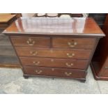 A 19TH CENTURY MAHOGANY AND INLAID CHEST OF TWO SHORT AND THREE LONG GRADUATED DRAWERS ON OGEE FEET,