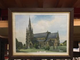 A FRAMED PRINT OF KEELE CHURCH