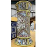 A LARGE HAND PAINTED FILCER POTTERY STICK STAND WITH FLORAL AND BIRD DESIGN