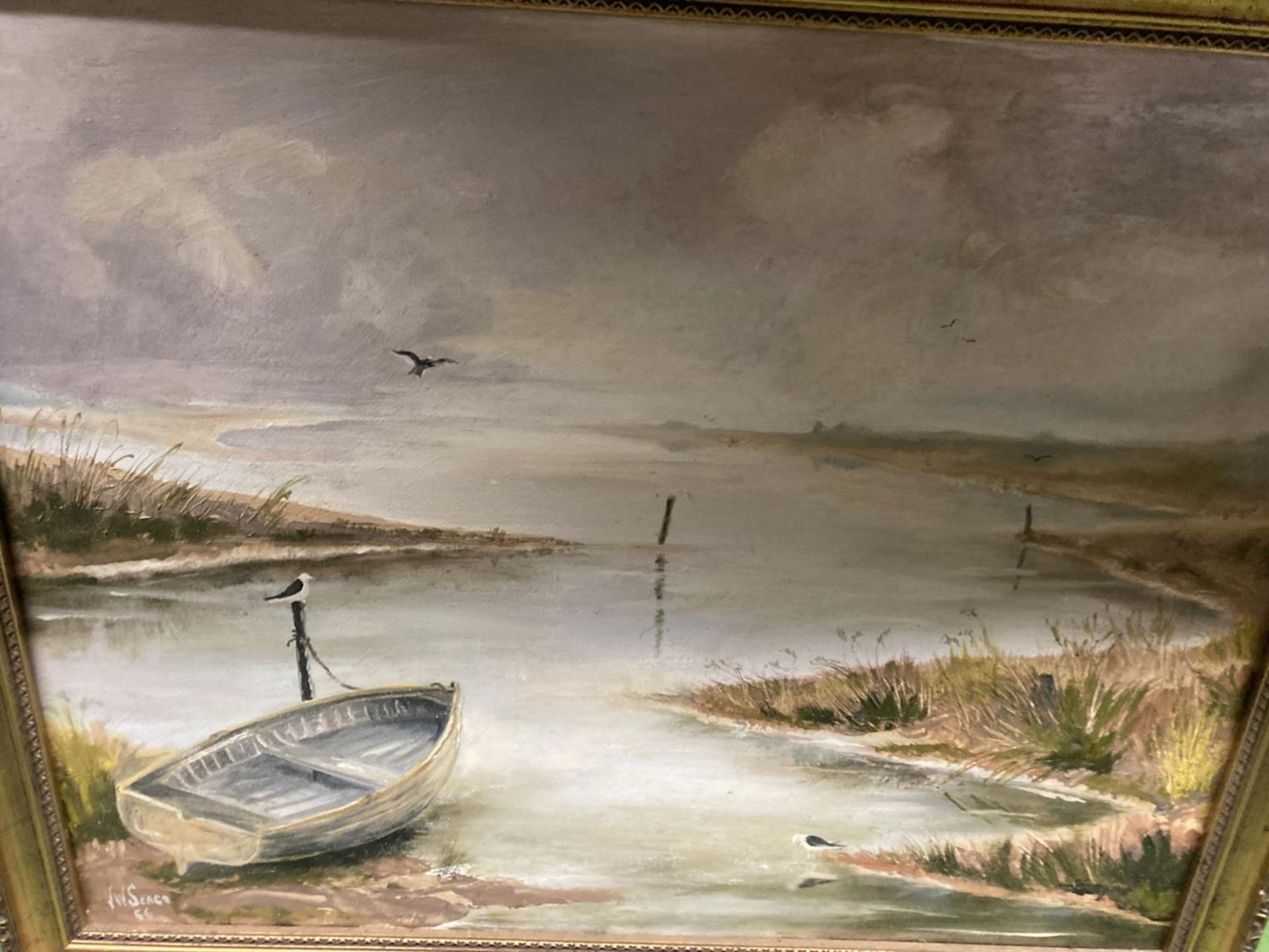AN OIL ON BOARD, 'NORFOLK MARSHES', SIGNED V W SEAGO '66, WITH GILT FRAME, 67CM X 54CM - Image 3 of 3