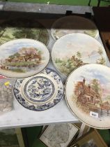 A QUANTITY OF LARGE WALL PLATES WITH PAINTED SCENES, DIAMETER 33CM PLUS TWO BLUE AND WHITE WILLOW