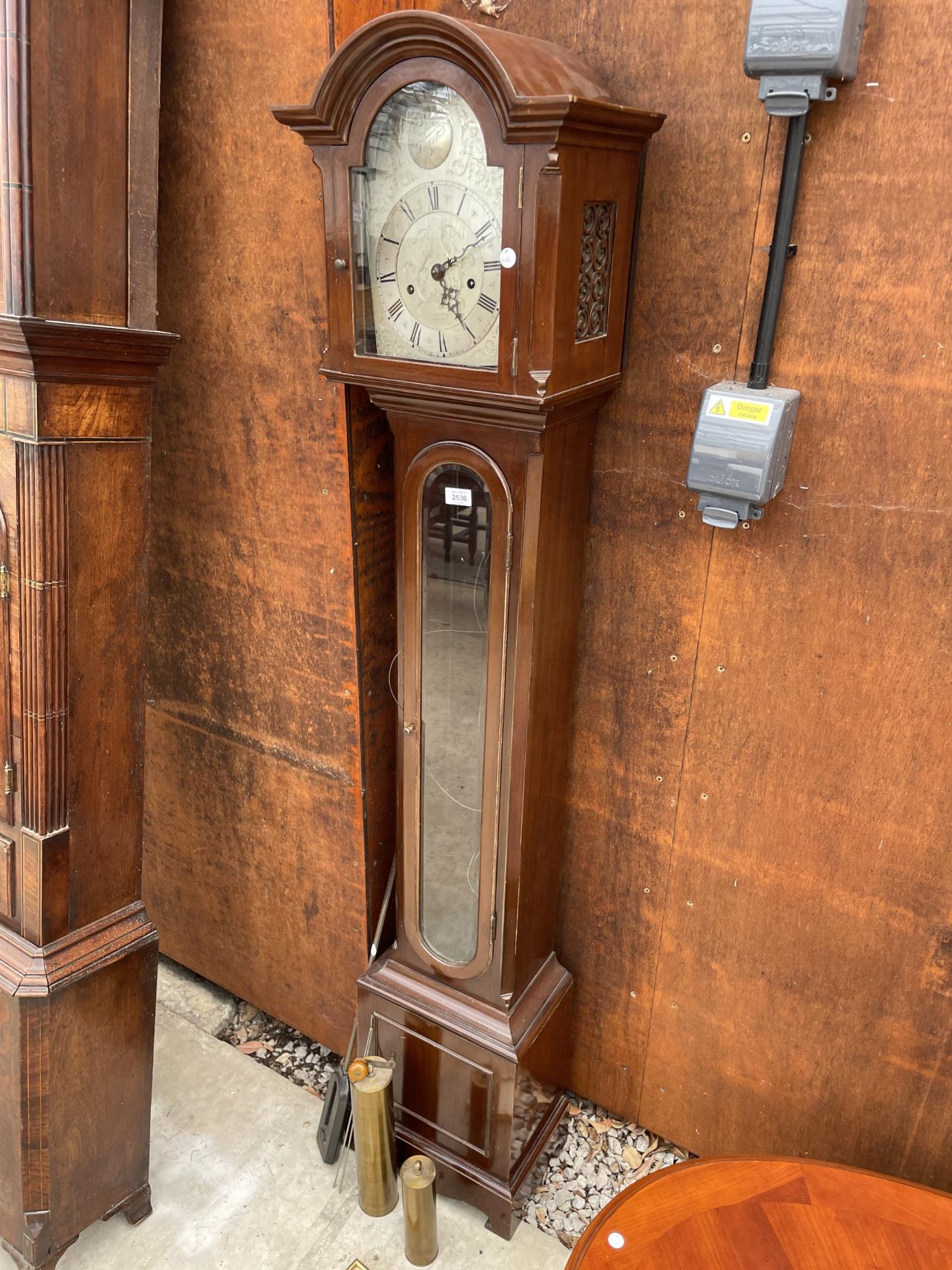 A LATE 20TH CENTURY TEMPUS FUGIT (ARMSTRONG, MANCHESTER) GRANDMOTHER CLOCK WITH GLASS DOOR AND TWO