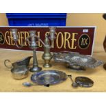 A QUANTITY OF SILVER PLATED ITEMS TO INCLUDE A CANDLEABRA, HANDLED BASKET BOWL, CALLING CARD TRAY,