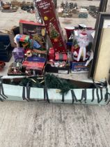 AN ASSORTMENT OF CHRISTMAS ITEMS TO INCLUDE A CHRISTMAS TREE, LIGHTS AND FIGURES ETC