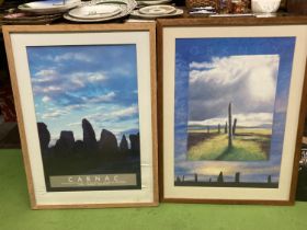 TWO FRAMED POSTERS OF NEOLITHIC RINGS, BRODGAR ON ORKNEY AND CARNAC IN BRITTANY