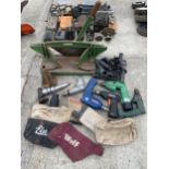 AN ASSORTMENT OF TOOLS TO INCLUDE BATTERY DRILLS AND A GILOTINE ETC