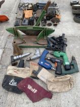 AN ASSORTMENT OF TOOLS TO INCLUDE BATTERY DRILLS AND A GILOTINE ETC