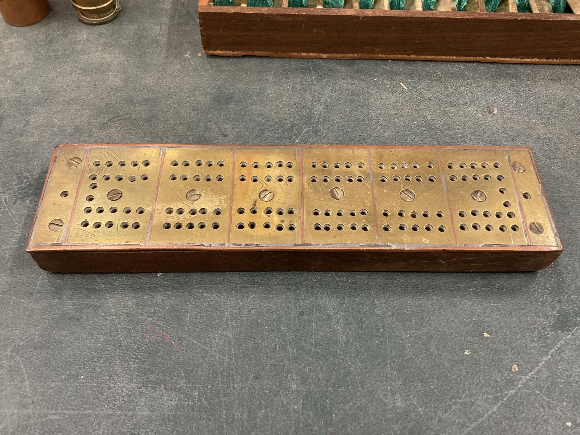 A VINTAGE WOODEN AND BRASS CRIBBAGE GAMES BOARDS