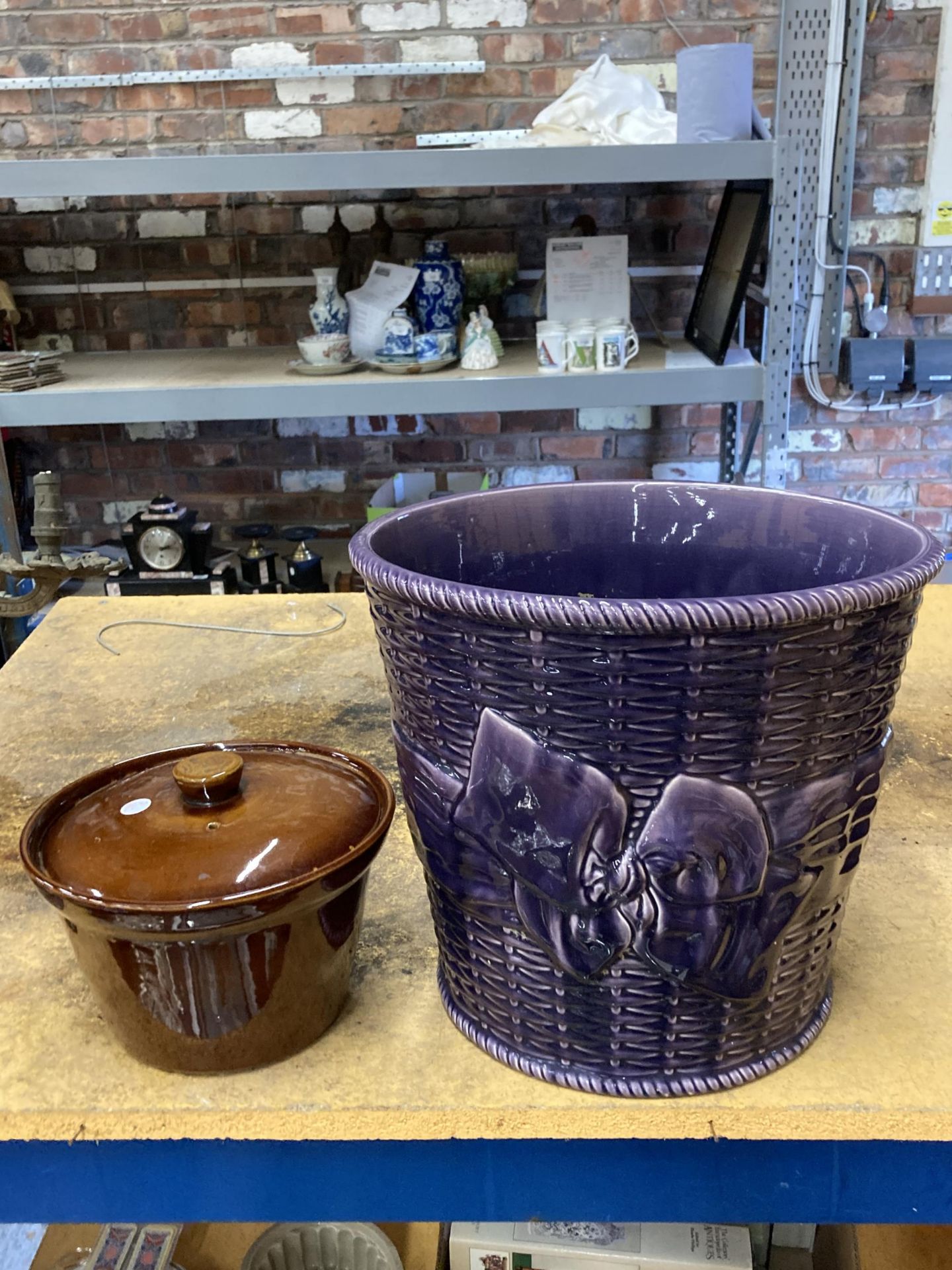 TWO ITEMS - A PURPLE BASKET DESIGN LARGE POT AND A TREACLE GLAZE LIDDED POT - Image 2 of 2