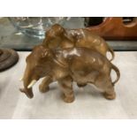 A PAIR OF CERAMIC ELEPHANTS WITH IMPRESSED MARK TO UNDERSIDE, HEIGHT 14CM, LENGTH 22CM