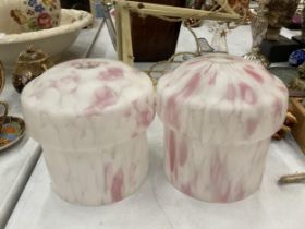 A PAIR OF ART DECO STYLE PINK FROSTED GLASS LAMP SHADES