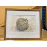 A VINTAGE FRAMED SWEDISH WATERCOLOUR OF A POT, SIGNED RUTH LAUDRUP, WITH LABEL TO REVERSE, 25 X 29CM