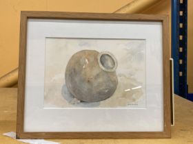 A VINTAGE FRAMED SWEDISH WATERCOLOUR OF A POT, SIGNED RUTH LAUDRUP, WITH LABEL TO REVERSE, 25 X 29CM