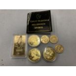 SEVEN REPRODUCTION COINS TO INCLUDE TWO DOLLARS, A SOVEREIGN AND THREE HALF SOVEREIGNS