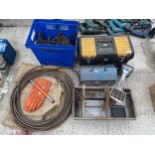 AN ASSORTMENT OF ITEMS TO INCLUDE A CARPET FITTING TOOL, TOOL BOXES AND A DRAIN UNBLOCKING COIL ETC