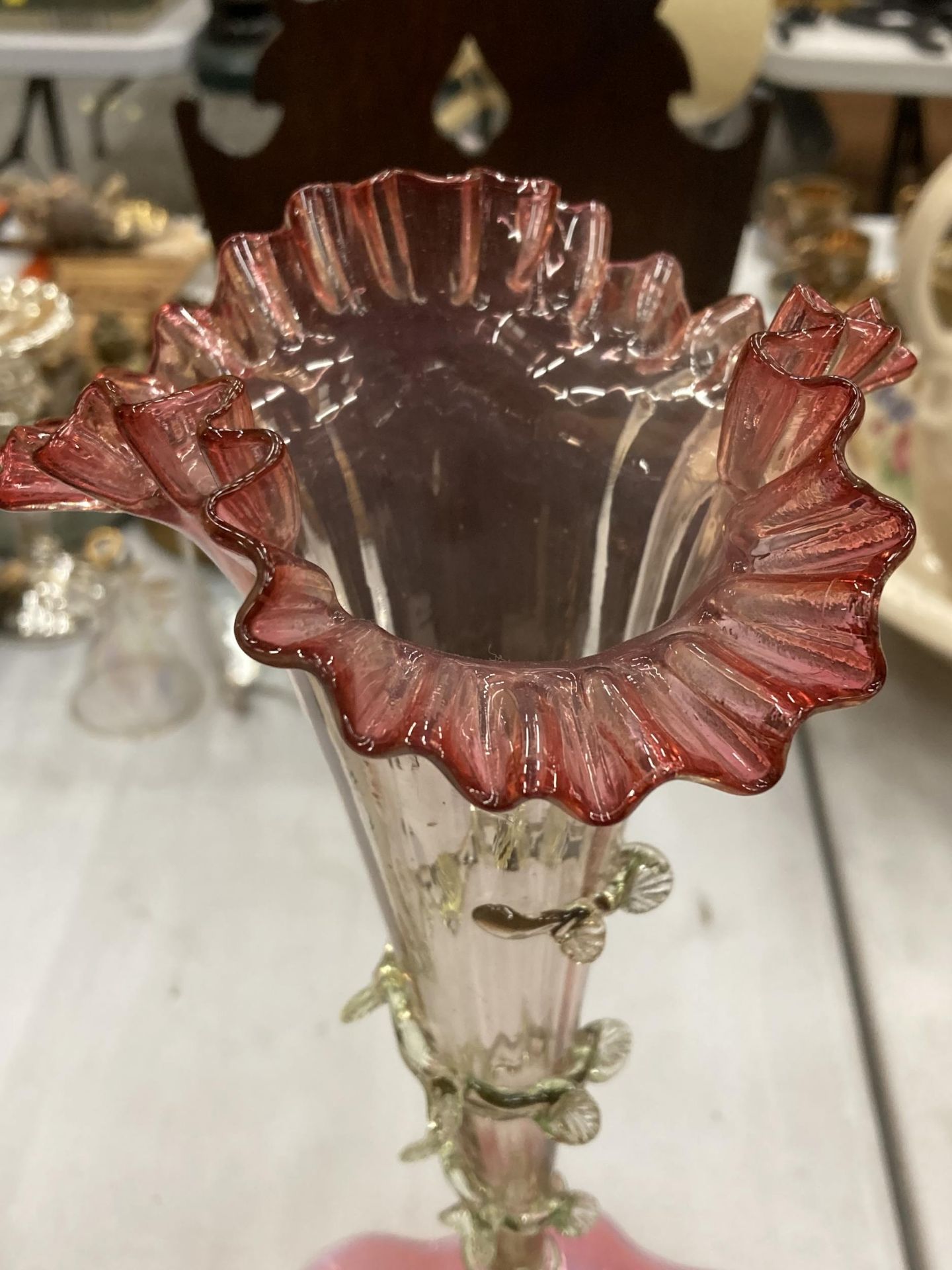 A CRANBERRY GLASS EPERGNE, HEIGHT 44CM - Image 2 of 3