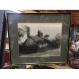 A VINTAGE FRAMED PRINT OF A COTTAGE