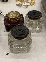 THREE VINTAGE GLASS INKWELLS