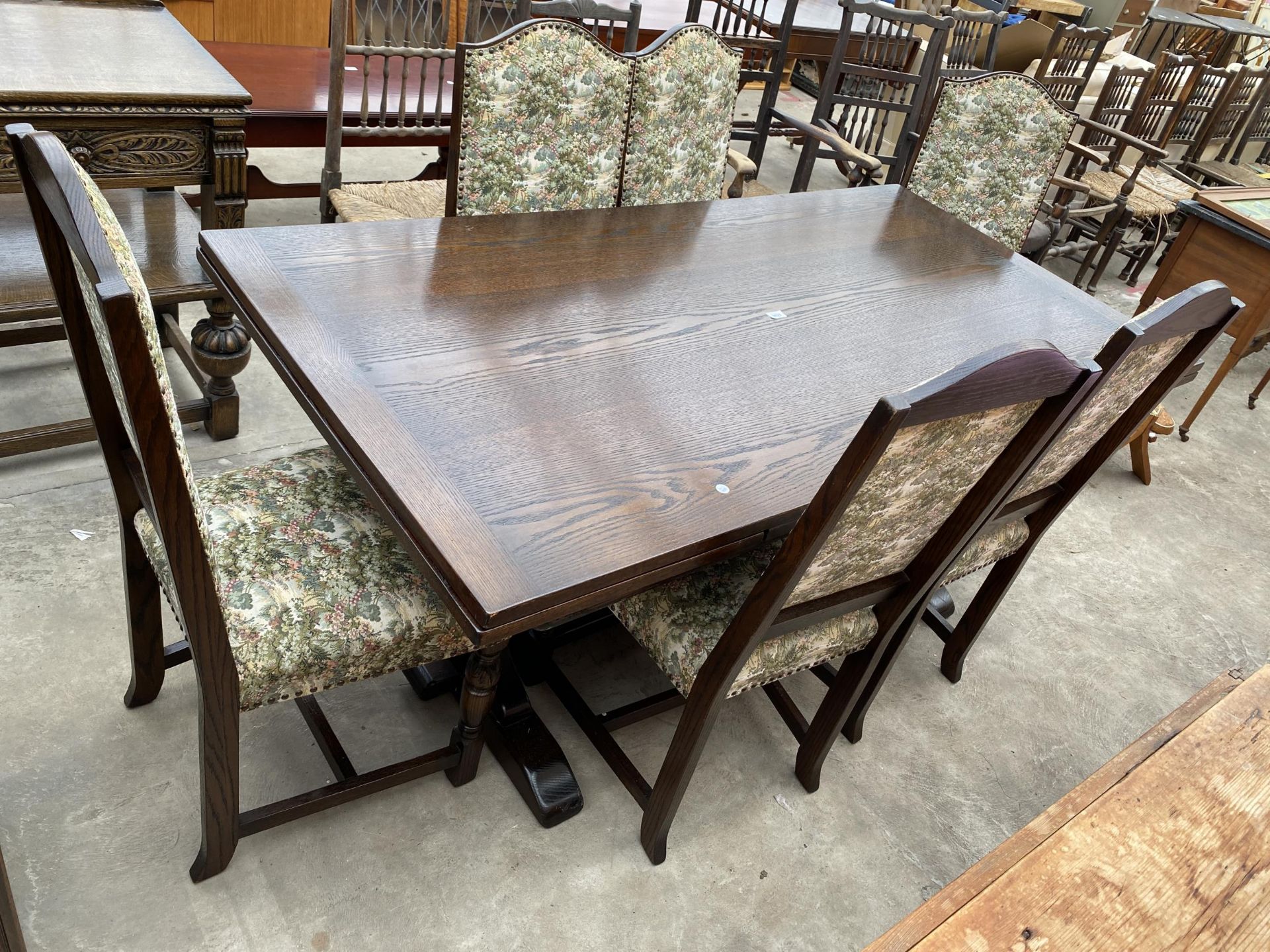 AN OAK JACOBEAN STYLE TWIN-PEDESTAL DRAW-LEAF DINING TABLE, 72 X 36" (LEAVES 18" EACH) - Image 6 of 6