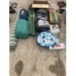 AN ASSORTMENT OF CAMPING ITEMS TO INCLUDE A TENT, PUMPS AND SLEEPING BAGS ETC