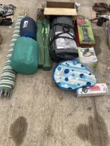 AN ASSORTMENT OF CAMPING ITEMS TO INCLUDE A TENT, PUMPS AND SLEEPING BAGS ETC