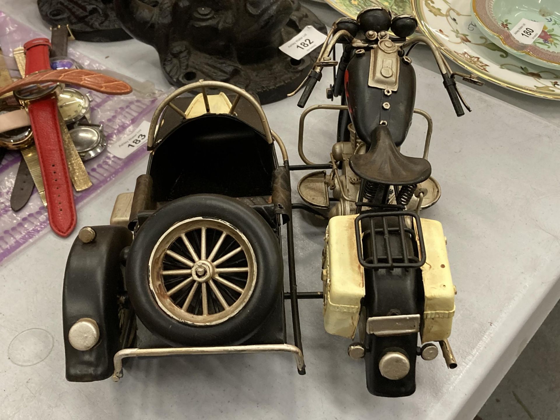 A TIN PLATE METAL MOTORCYCLE AND SIDE CAR MODEL - Image 4 of 4