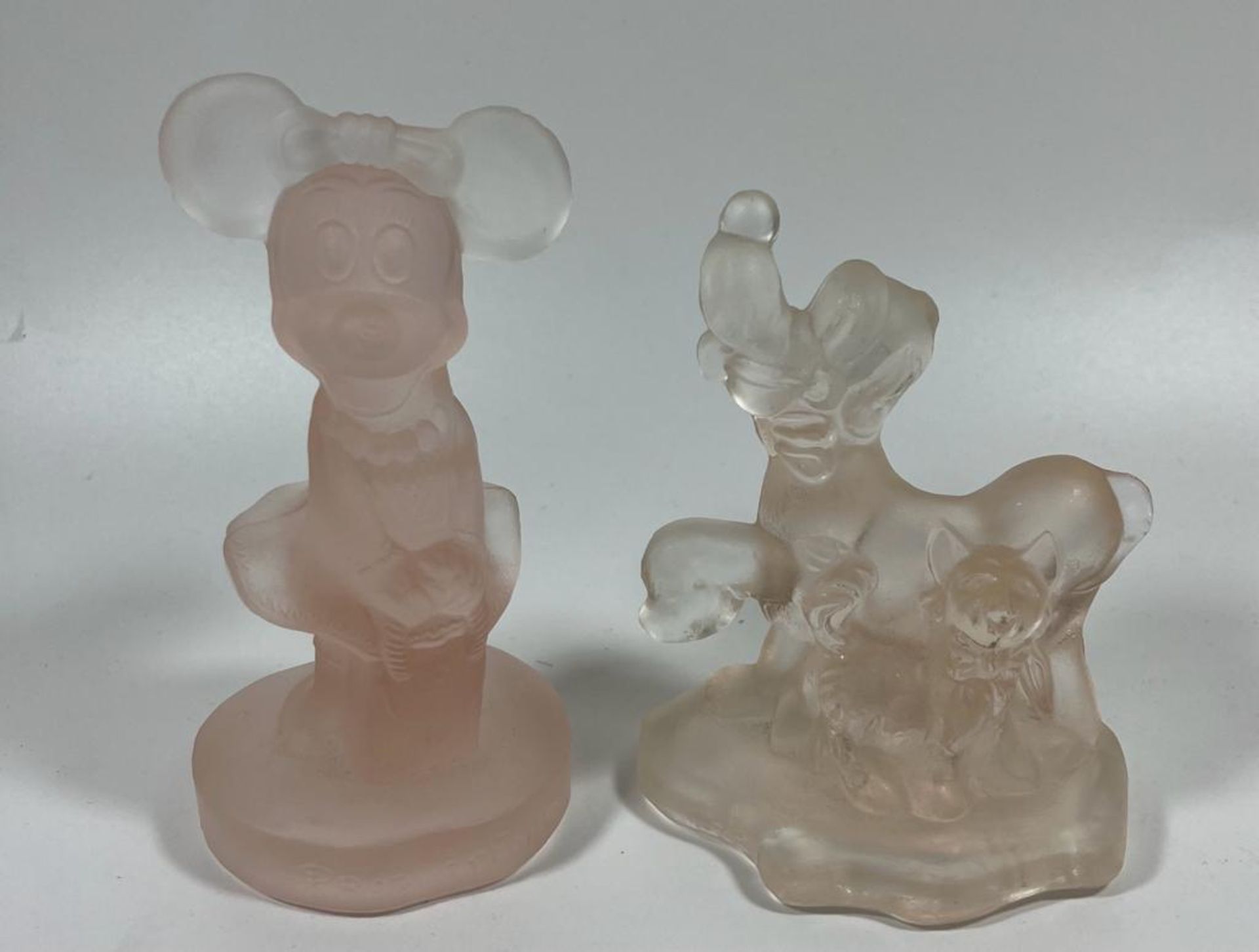 TWO VINTAGE WALT DISNEY PRODUCTIONS PINK FROSTED GLASS FIGURES - MINNIE MOUSE & PLUTO