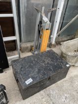 A VINTAGE METAL LIDDED STORAGE BOX AND A ROCKWELL WORKMATE