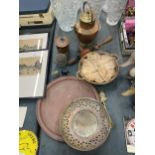 A MIXED LOT TO INCLUDE A COPPER LIDDED JUGMETAL TRAYS, A PIN CUSHION, STANLEY HAND DRILL, ELEPHANTS,