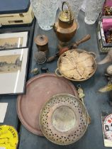 A MIXED LOT TO INCLUDE A COPPER LIDDED JUGMETAL TRAYS, A PIN CUSHION, STANLEY HAND DRILL, ELEPHANTS,