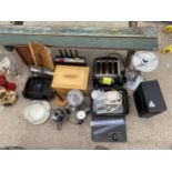 AN ASSORTMENT OF ITEMS TO INCLUDE A TOASTER, TRAYS AND A SPEAKER ETC