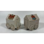 A PAIR OF VINTAGE CRESTED WARE CHINA BATHING HUTS, FLORENTINE & CORONA - MORECAMBE AND APPLESY