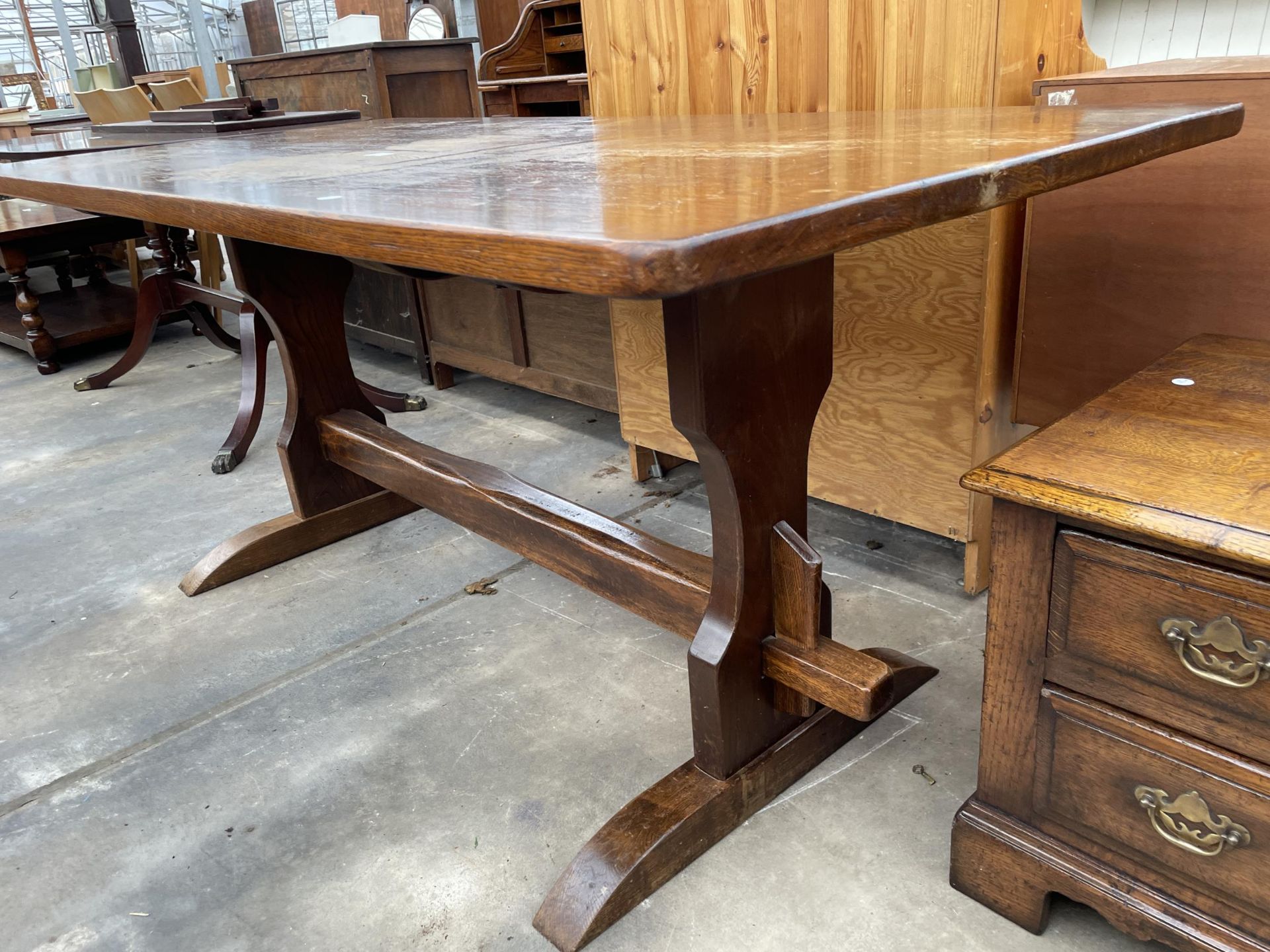 A REPRODUCTION OAK REFECTORY STYLE DINING TABLE, 66 X 31" - Image 2 of 3