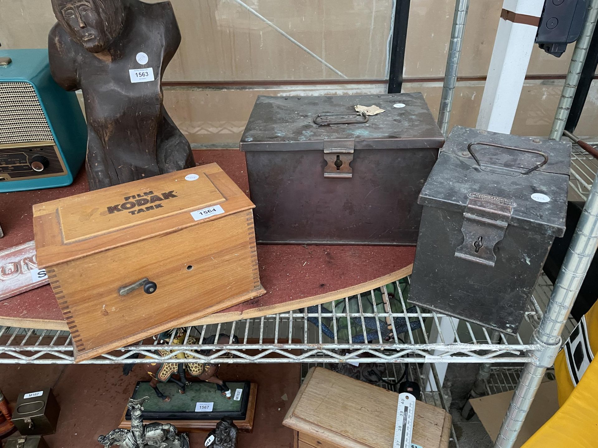 TWO METAL HOSPITAL BOXES AND A WOODEN KODAK FILM TANK